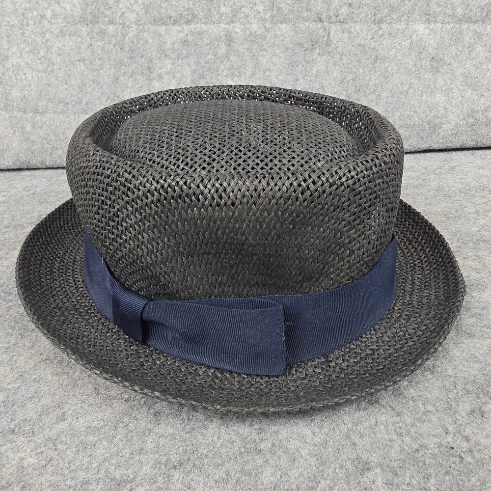 Newhattan Pork Pie Hat Men L/XL Black Straw Navy Ribbon Fedora Summer Hat